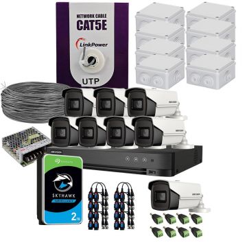 Sistem supraveghere exterior complet HikVision, 8 camere, 5 MP, IR 80 m, 3.6 mm, HDD 2TB