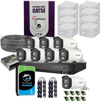 Sistem supraveghere exterior complet HikVision, 8 camere, 5 MP, lumina alba 20 m, 2.8 mm, stroboscop, HDD 2TB