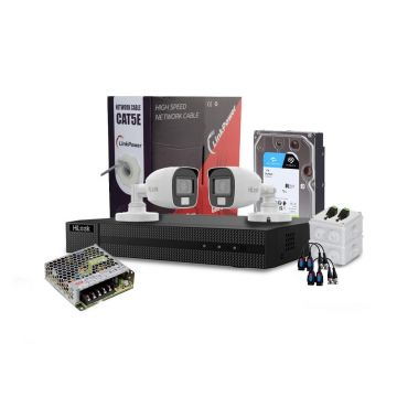 Sistem supraveghere exterior complet HikVision HiLook, 2 camere, 2 MP, 2.8 mm, IR/lumina alba 20 m, microfon, HDD 1 TB