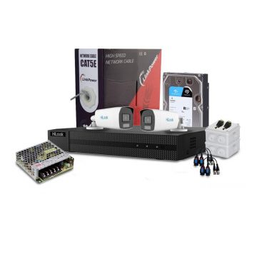 Sistem supraveghere exterior complet HikVision HiLook, 2 camere, 2 MP, 2.8 mm, IR/lumina alba 40 m, microfon, HDD 1 TB