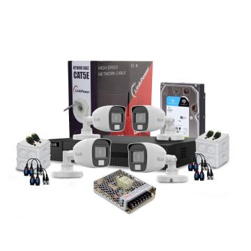 Sistem supraveghere exterior complet HikVision HiLook, 4 camere, 2 MP, 2.8 mm, IR/lumina alba 20 m, microfon, HDD 1 TB