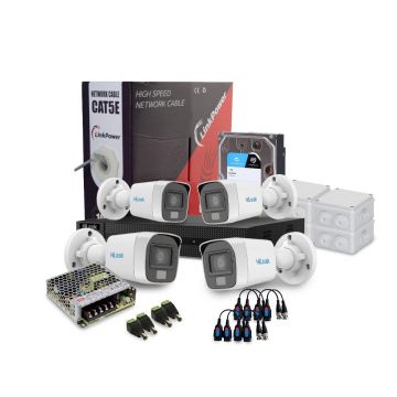 Sistem supraveghere exterior complet HikVision HiLook, 4 camere, 2 MP, 2.8 mm, IR/lumina alba 20 m, microfon, HDD 1 TB