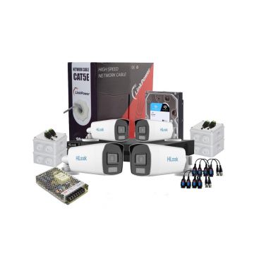 Sistem supraveghere exterior complet HikVision HiLook, 4 camere, 2 MP, 2.8 mm, IR/lumina alba 40 m, microfon, HDD 1 TB