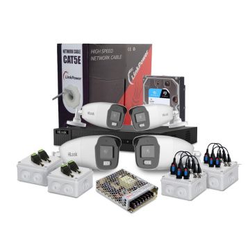 Sistem supraveghere exterior complet HikVision HiLook, 4 camere, 2 MP, 2.8 mm, IR/lumina alba 40 m, microfon, HDD 1 TB