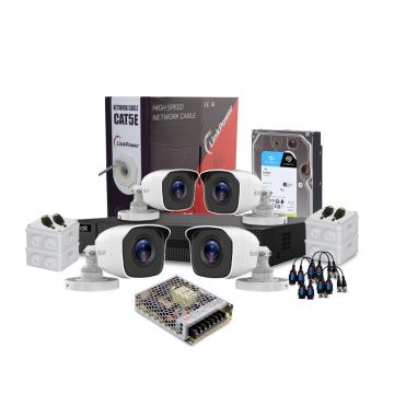 Sistem supraveghere exterior complet HikVision HiLook, 4 camere, 2 MP, IR 20 m, 2.8 mm, HDD 1 TB