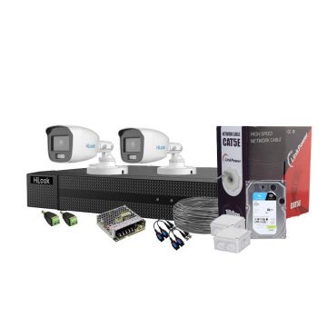 Sistem supraveghere exterior complet Hikvision HiLooK ColorVu KIT-HL-C-2C-C-0005, 5 MP, 2.8 mm, lumina alba 20 m, microfon, HDD 1TB