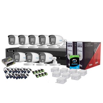 Sistem supraveghere exterior complet Hikvision HiLooK ColorVu KIT-HL-C-8C-C-0005, 5 MP, 2.8 mm, lumina alba 20 m, microfon, HDD 2TB