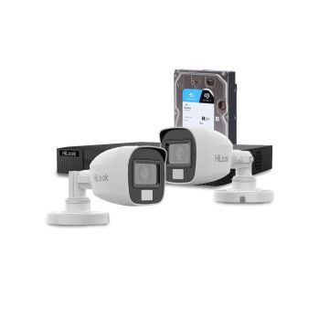 Sistem supraveghere exterior cu HDD 1 TB HikVision HiLook, 2 camere, 2 MP, 2.8 mm, IR/lumina alba 20 m, microfon