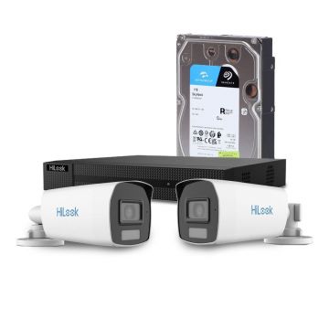 Sistem supraveghere exterior cu HDD 1 TB HikVision HiLook, 2 camere, 2 MP, 2.8 mm, IR/lumina alba 40 m, microfon
