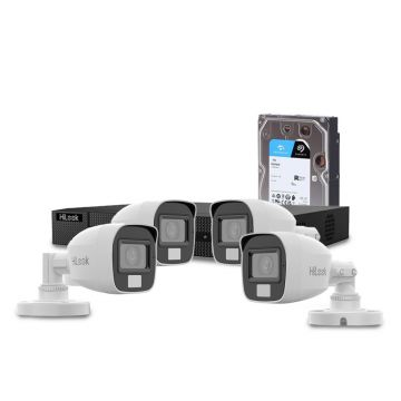 Sistem supraveghere exterior cu HDD 1 TB HikVision HiLook, 4 camere, 2 MP, 2.8 mm, IR/lumina alba 20 m, microfon