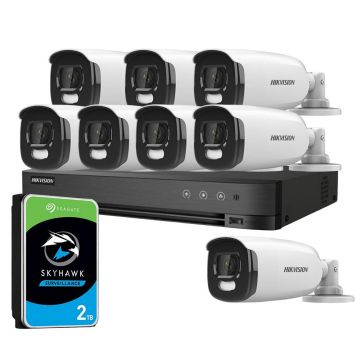 Sistem supraveghere exterior cu HDD 2TB HikVision, 8 camere, 5 MP, lumina alba 40 m, 2.8 mm