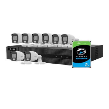 Sistem supraveghere exterior cu iluminare duala Hikvision HiLook KIT-HL-M-8C-C-0002, 5 MP, 2.8 mm, IR/lumina alba 20 m, microfon, 2 TB