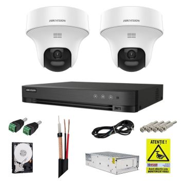 Sistem supraveghere Hikvision cu functii inteligente, 2 camere rotative, 3K 5MP, Audio bidirectional, Dual light 20m, DVR 4 canale, Accesorii incluse