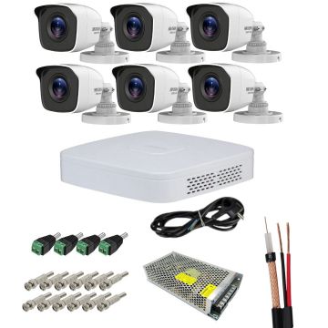 Sistem supraveghere Hikvision HiWatch, 6 camere, 3K 5MP, IR 20m, DVR 8 canale, Accesorii montaj incluse