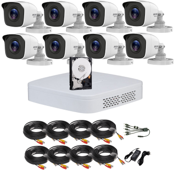Sistem supraveghere Hikvision HiWatch, Functii inteligente, 8 camere, 5MP, IR 20m, DVR 8 canale, Accesorii montaj incluse, HDD 1TB
