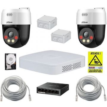 Sistem supraveghere IP Dahua cu functii inteligente, 2 camere rotative, 5MP, Alarma, Difuzor, Switch, Accesorii incluse, Hard Disk 1TB