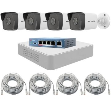 Sistem supraveghere IP Hikvision de exterior, 4 camere, 2MP Full HD, IR 30m, Vizualizare pe mobil, Switch, NVR 4 canale, Accesorii