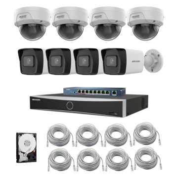 Sistem supraveghere IP Hikvision, Functii inteligente, 4 camere de interior, 4 camere de exterior, 4MP, IR 30m, PoE, NVR, Switch, Accesorii montaj incluse
