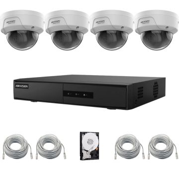 Sistem supraveghere IP Hikvision Hiwatch, 4 camere 4MP, PoE, IR 30m, DVR, Accesorii incluse