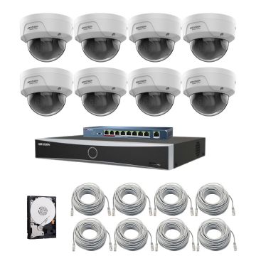 Sistem supraveghere IP Hikvision HiWatch, 8 camere, 4MP, PoE, IR 30m, NVR, Switch PoE, Accesorii montaj