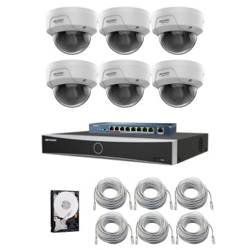 Sistem supraveghere IP Hikvision HiWatch, Functii inteligente, 6 camere 4MP, IR 30m, NVR 8 canale, AcuSense, Switch, Accesorii incluse