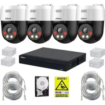 Sistem supraveghere IP inteligent Dahua, 4 camere rotative, 5MP, Alarma, Difuzor, NVR 8 canale PoE, Accesorii montaj, HDD