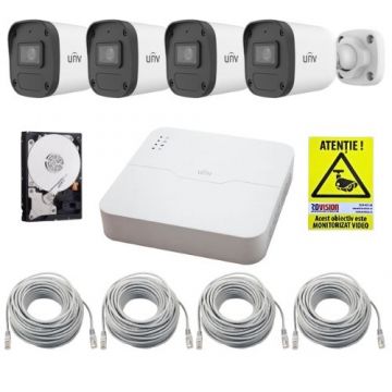 Sistem supraveghere IP UNV, 4 camere de exterior, 4MP, IR 30m, Microfon, PoE, Vizualizare pe mobil, NVR 4 canale, HDD 1TB, Accesorii