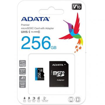 Card MicroSD ADATA, 256GB, UHS-I, Class 10, A1 -AUSDX256GUICL10A1