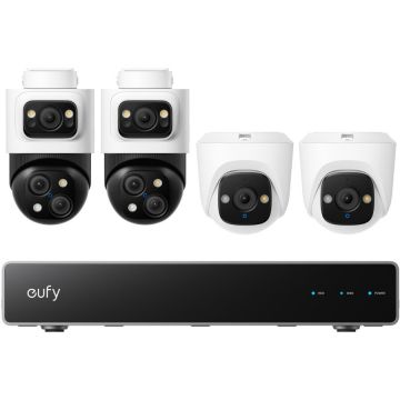 eufy Kit supraveghere video eufy NVR S4, AI, Dual View, Night Vision Color, cu 2 camere PoE Bullet si 2 camere PoE Turret