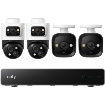 eufy Kit supraveghere video eufy NVR S4, Rezolutie 4K, Night Vision Color, AI, Dual View, cu 2 camere PoE Bullet-PTZ si 2 camere PoE Turret