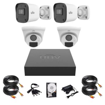 Sistem supraveghere complet Uniview, 2 camere de exterior, 2 camere de interior, 2MP, IR 20m, microfon, DVR, Accesorii montaj