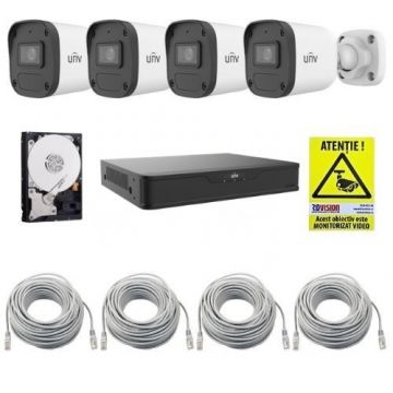 Sistem supraveghere IP UNV, 4 camere de exterior, 4MP, IR 30m, Microfon, NVR 4 canale POE, HDD 1TB, Accesorii