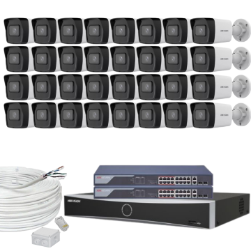 Sistem supraveghere profesional Hikvision, 32 camere, 4MP, IR 30m, Switch PoE, NVR 32 canale, Accesorii montaj incluse, Functii inteligente