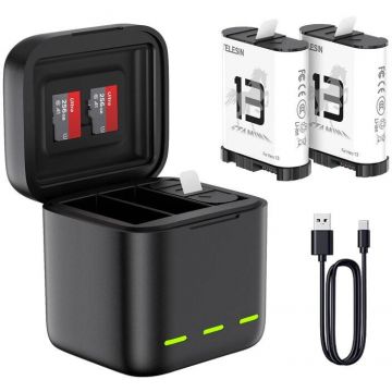 Accesoriu Camera Video Actiune pentru GoPro Hero 13 Black, incarcare simultana 3 baterii, Negru