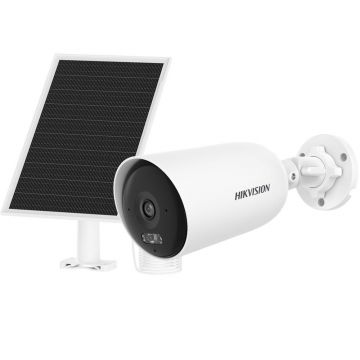 Camera supraveghere exterior 4G LTE cu panou solar Hikvision DS-2CFS04/4G, 4 MP, 2.8 mm, IR/lumina alba 30 m, microfon si difuzor, slot card, acumulator 9000 mAh, detectie om/vehicul, suporta AOV 24/7, vizualizare de pe telefon