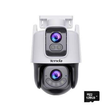 Camera supraveghere exterior PT WiFi 6 cu iluminare si lentila duala Tenda Full Color CH9-WCA, 3+3 MP, 4-6 mm, microfon si difuzor, IR/Lumina alba 30 m, auto-tracking, slot card, card memorie 128 GB inclus