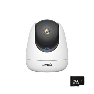 Camera supraveghere interior wireless WiFi 6  PT Tenda CP7, 5 MP, 4 mm, IR 10 m, auto-tracking, alarma, clasificare AI, microfon si difuzor, card memorie 32 Gb inclus