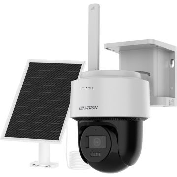 Camera supraveghere PT 4G LTE cu panou solar Hikvision DS-2CFSP4/4G, 4 MP, 2.8 mm, IR/lumina alba 30 m, microfon si difuzor, slot card, acumulator 9000 mAh, smart auto tracking, suporta AOV 24/7, vizualizare de pe telefon
