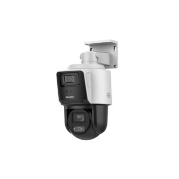 Camera supraveghere rotativa IP PTZ cu iluminare si lentila duala Hikvision TandemVU Darkfighter DS-2SE3C410MWG-E/14, 4 MP dual, 2.8/ 5.76-57.6 mm, zoom optic 10x, IR/lumina alba 80/30 m, detectie inteligenta, microfon si difuzor, slot card, PoE+