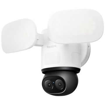 Camera supraveghere wireless rotativa IP WiFi 6 PTZ cu lentila duala Reolink TrackFlex Floodlight Full Color F850W, 8MP+2MP, 2.8/8 mm, PIR, 360 grade, slot card, lumina alba/IR 30 m, 3000 lumeni, microfon si difuzor, sirena, detectie smart