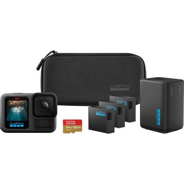Camera Video de Actiune Hero 13B Extended Power Bundle 5.3K Wi-Fi Bluetooth Waterproof 10M Card Memorie 64GB 3 Baterii Enduro si Incarcator Dual Bay Negru