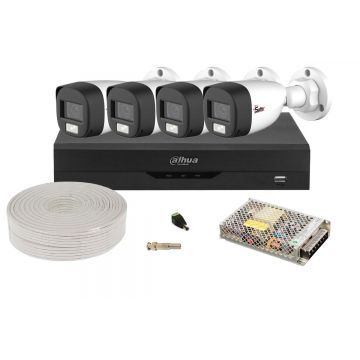 Kit camere supraveghere exterior profesionale, 2MP FullHD, IR si LED, DVR 4 canale, recunoastere faciala, KITDAH2MP20EXTACC