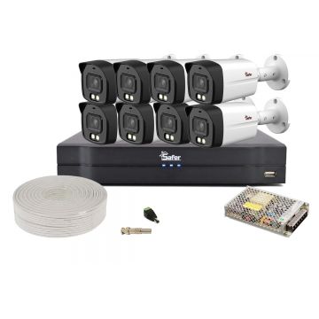 Kit de supraveghere video 8 camere exterior 2MP Full HD, 2.8 mm, IR+LED 40m, Audio, DVR 8 canale, WizSense, Safer KITEXT8FULLHD-2