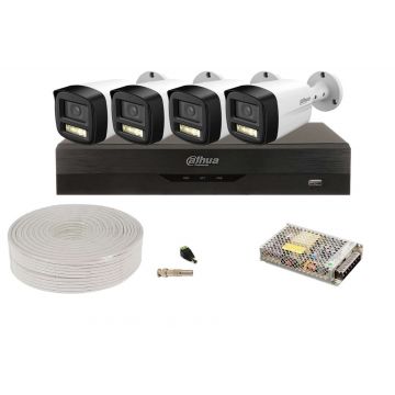 Kit pentru exterior cu 4 camere 5MP, Iluminare duala 40m + DVR 4 canale AI Dahua, KIT4DHFHD80-TW