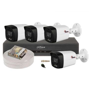 Kit supraveghere exterior Dahua, 4 camere 5MP, Iluminare Duala 40m, IP67, DVR 4 canale, accesorii, KIT5MPEXT40-DAH-I2-TW