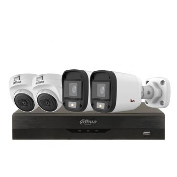 Sistem supraveghere 4 camere mixt, rezolutie 2MP/5MP, IR 20/25m, LED Alb 20m, DVR Dahua 4 canale, KIT4MIXT20DAH