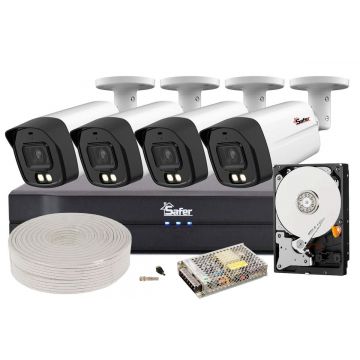 Kit complet de supraveghere video Safer, 5 MP, 4 camere, Iluminare Duala 40m, DVR 4 canale, HDD 2 TB, KITSAF-4X-5MP28IL40ACCHDD