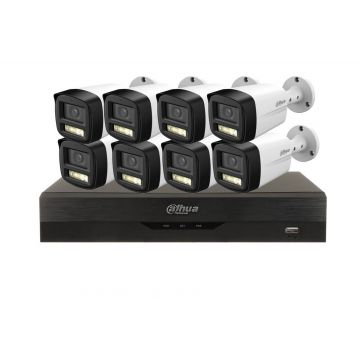 Kit de supraveghere 8 camere exterior 5MP, IR si LED alb, Microfon si DVR 8 canale, Dahua KIT8C2MPEXT-I3