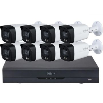 Kit de supraveghere compus din 8 Camere Dahua Full Color de 5 MP cu microfon si DVR 8 canale cu AI, KIT-DAHUA8-5MPLED40