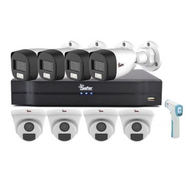 Kit de supraveghere mixt, Full HD, 2MP, IR si LED alb, DVR 8 canale, Functii AI, Safer KITSAF8X-BP2MP20F28-A